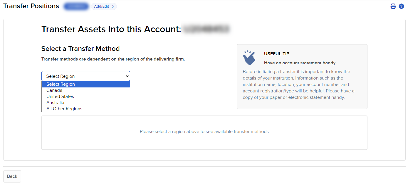 Image of the select region drop down for transfer assets in portal. 